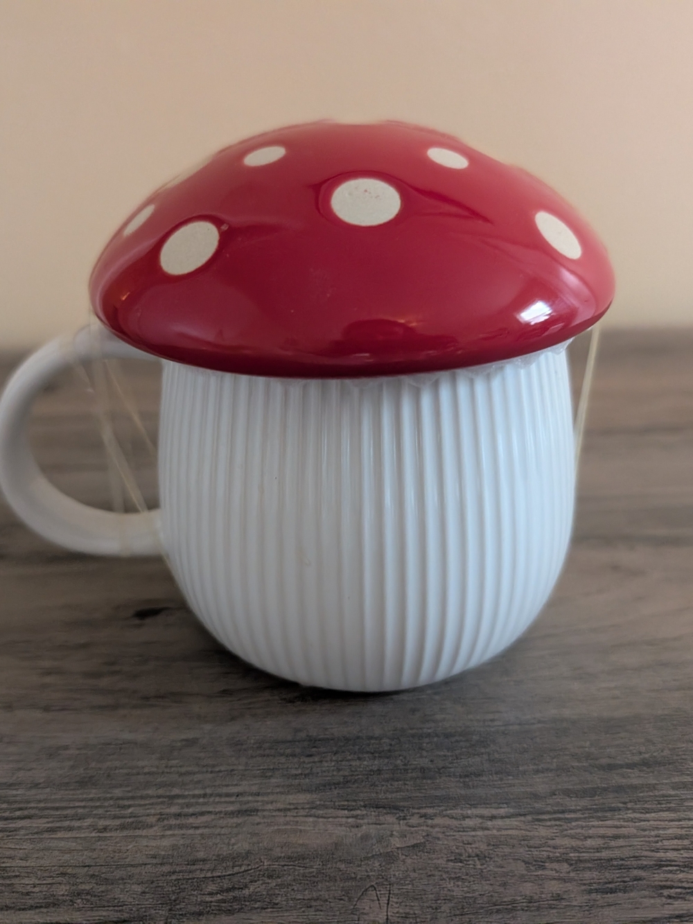 Cost Plus World Market White Ceramic Mug with Red Polka-Dot Mushroom Lid